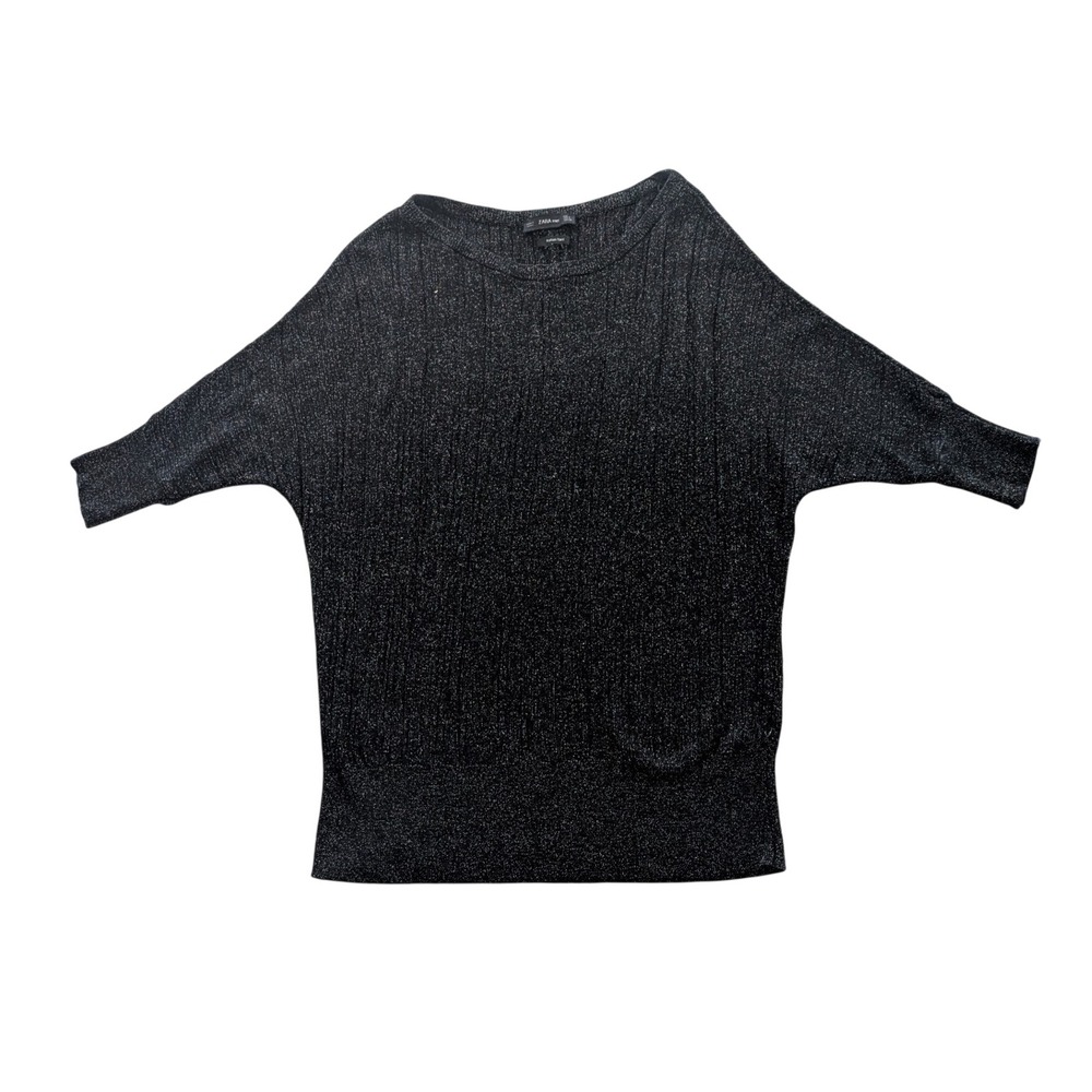 Zara Knit Italian Yarn Metallic Black Batwing Sweater Women S‎ Ribbed Shimmer